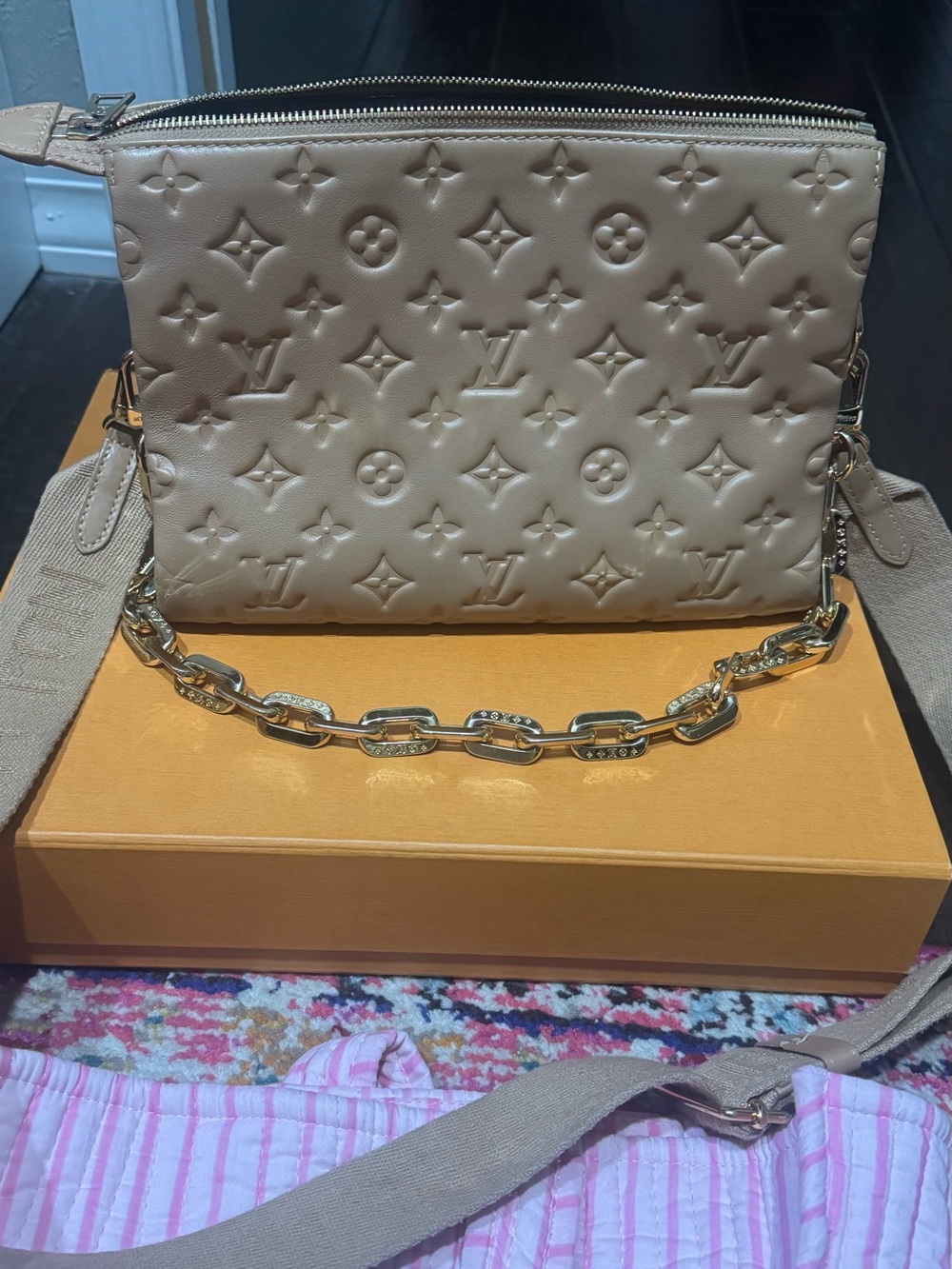 Louis Vuitton Taupe Monogram Embossed Crossbody with Gold Chain